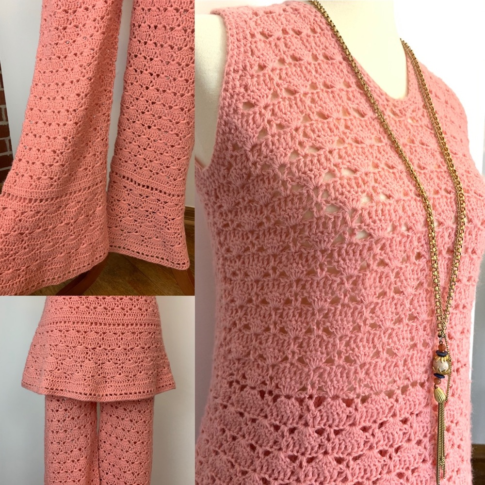 Two Piece Groovy Pastel Pink Crocheted Set